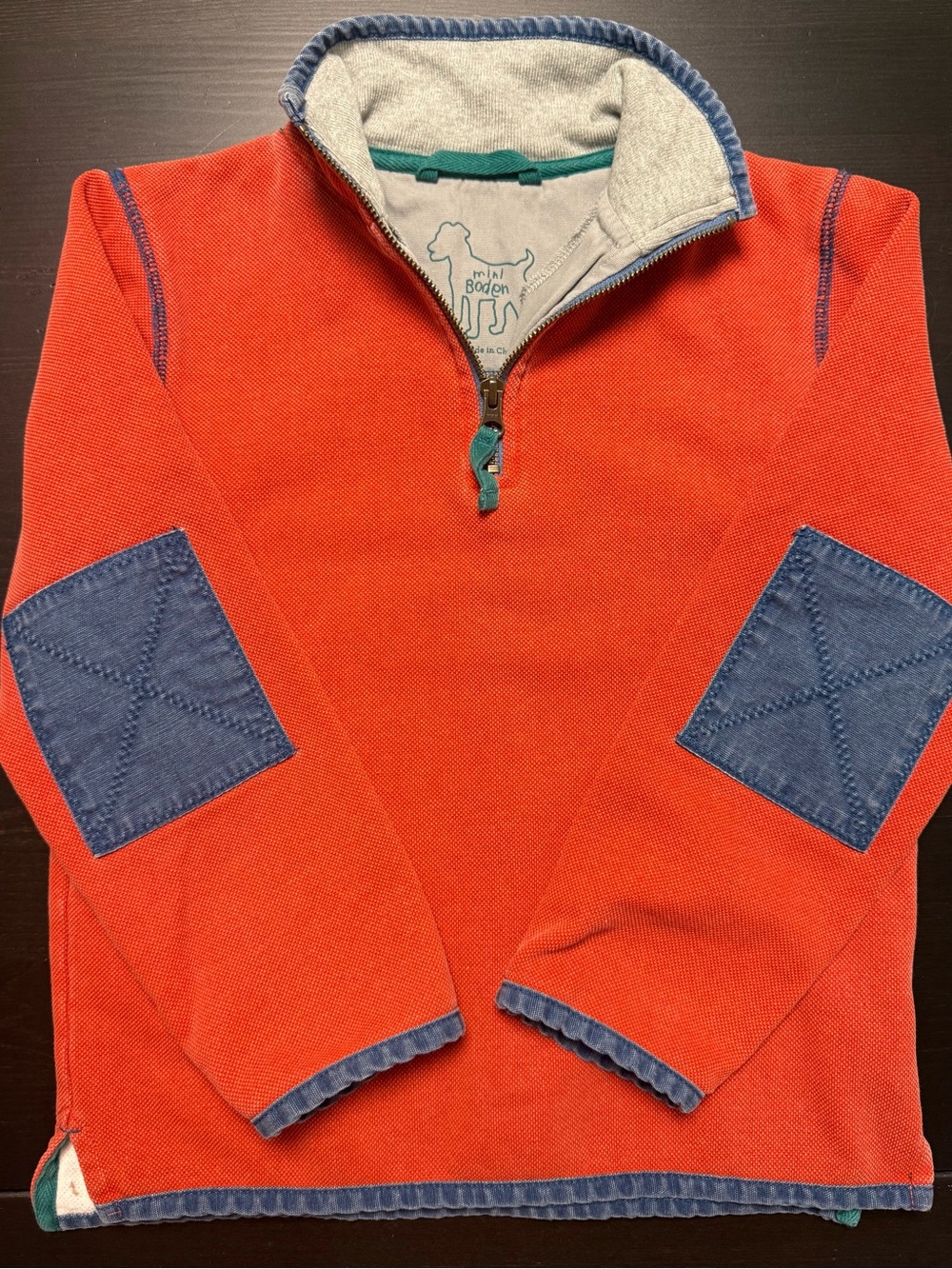 Mini Boden Boys Red Half-Zip Sweater with Blue Elbow Patches